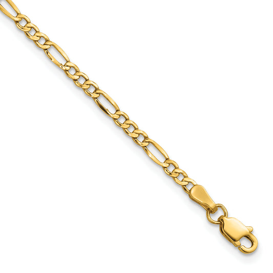 8 Inch 14K Yellow Gold 2.5mm Semi-Solid Figaro Chain Bracelet
