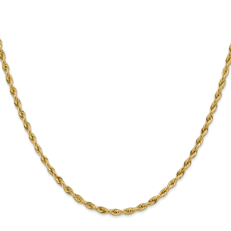 14K Yellow Gold 26 Inch 3mm Semi Solid Rope With Lobster Clasp Chain Necklace