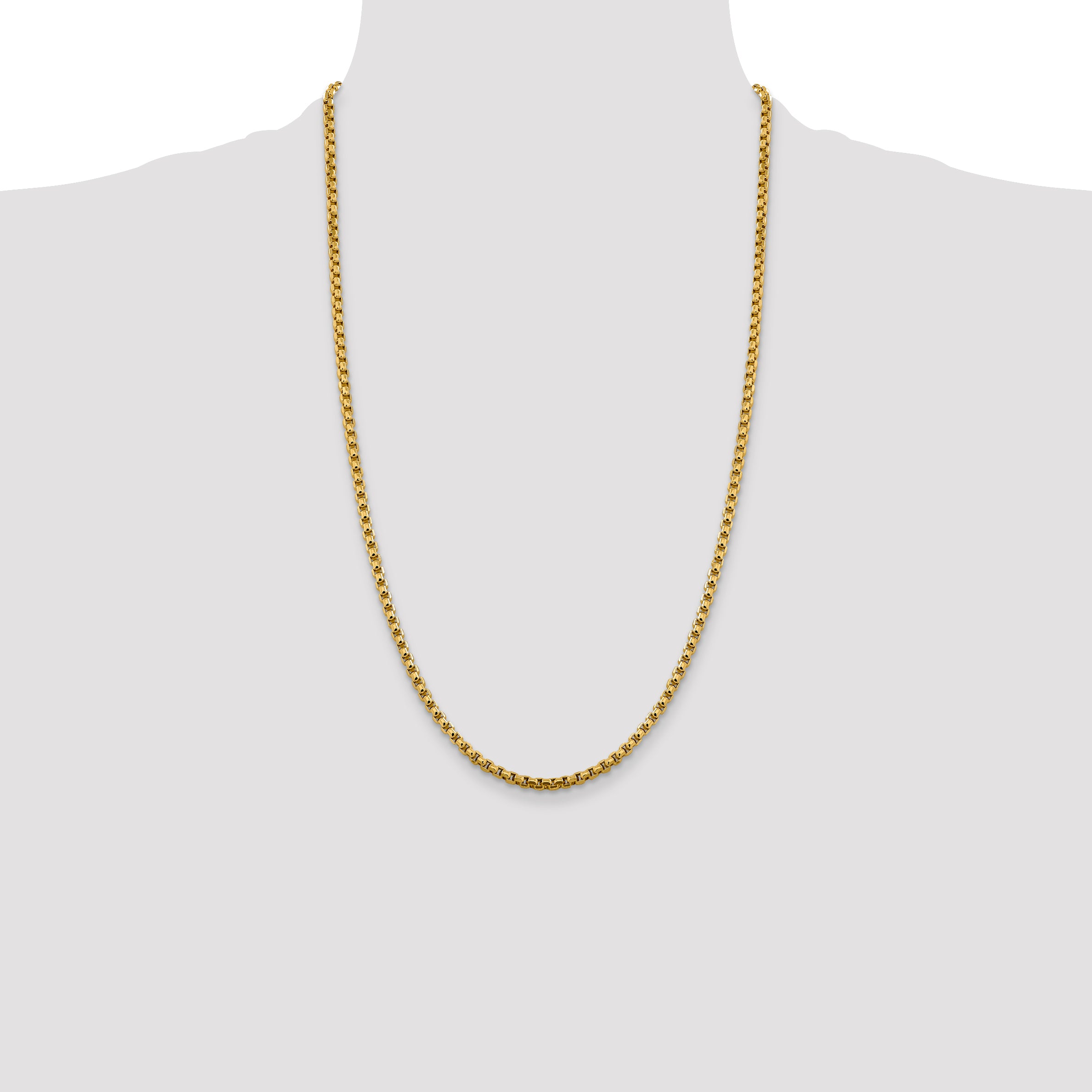 14K Yellow Gold 26 inch 3.6mm Semi-Solid Round Box with Lobster Clasp Chain Necklace