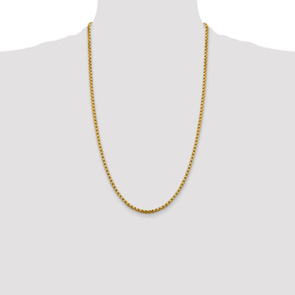14K Yellow Gold 26 inch 3.6mm Semi-Solid Round Box with Lobster Clasp Chain Necklace
