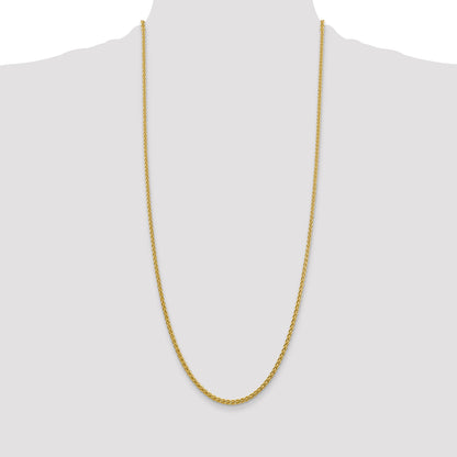 14K Yellow Gold 30 Inch 2.75mm Semi-Solid Wheat With Lobster Clasp Chain Necklace