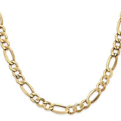 14K Yellow Gold 24 inch 7.3mm Semi-Solid Figaro with Lobster Clasp Chain Necklace