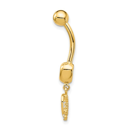 14K Yellow Gold CZ 2-Hearts Dangle Belly Ring