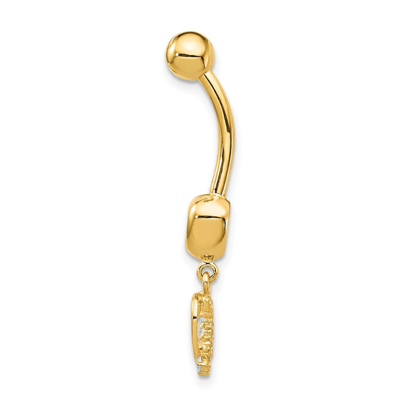 14K Yellow Gold CZ 2-Hearts Dangle Belly Ring