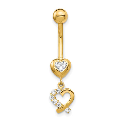 14K Yellow Gold CZ 2-Hearts Dangle Belly Ring