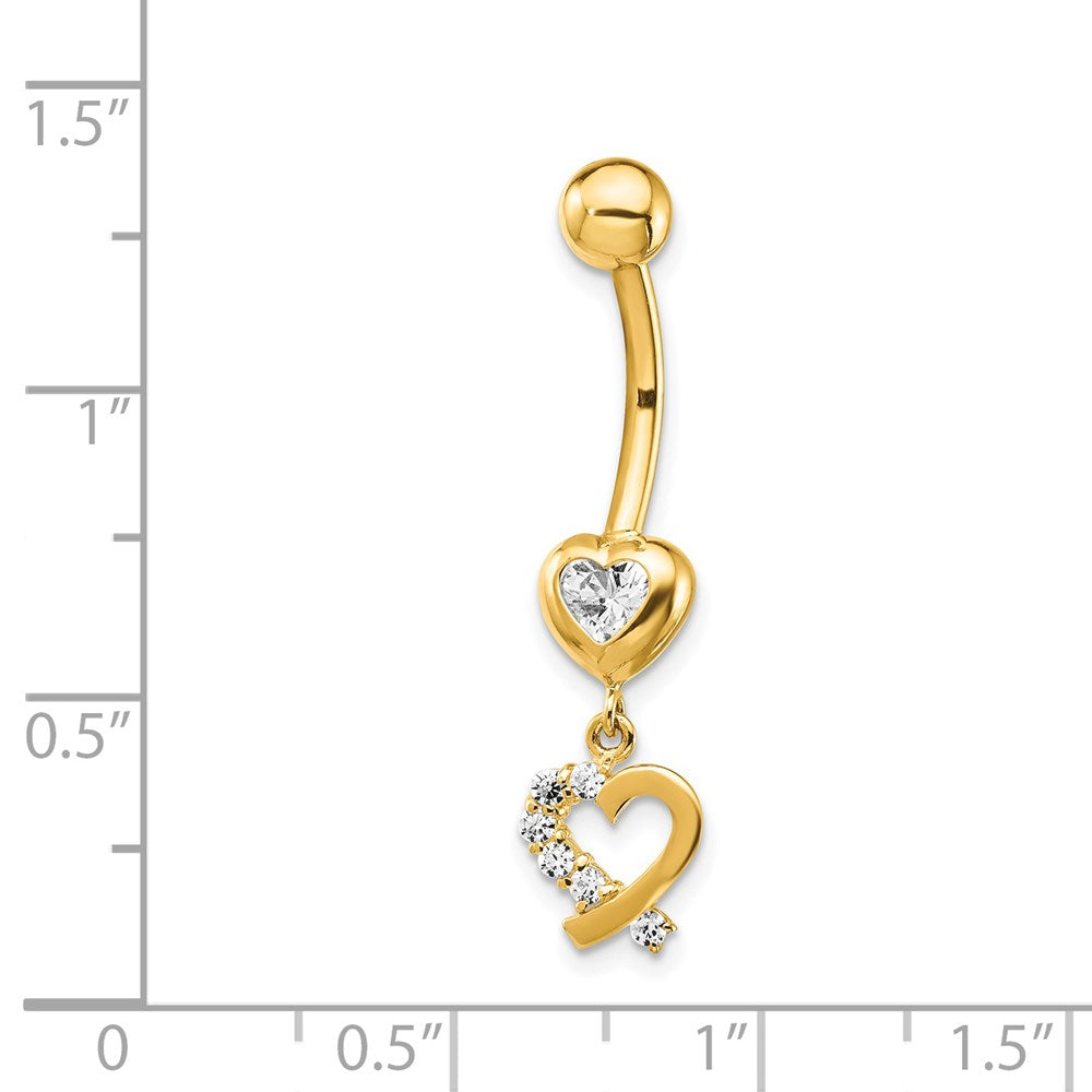 14K Yellow Gold CZ 2-Hearts Dangle Belly Ring