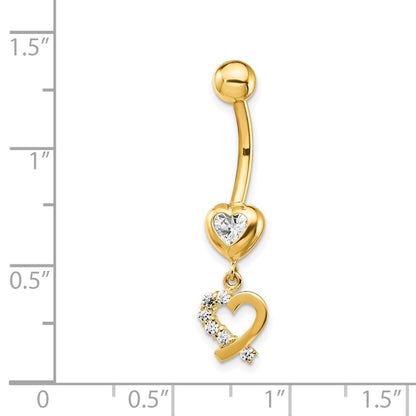 14K Yellow Gold CZ 2-Hearts Dangle Belly Ring