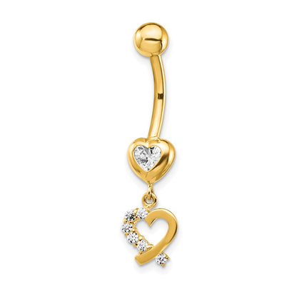 14K Yellow Gold CZ 2-Hearts Dangle Belly Ring