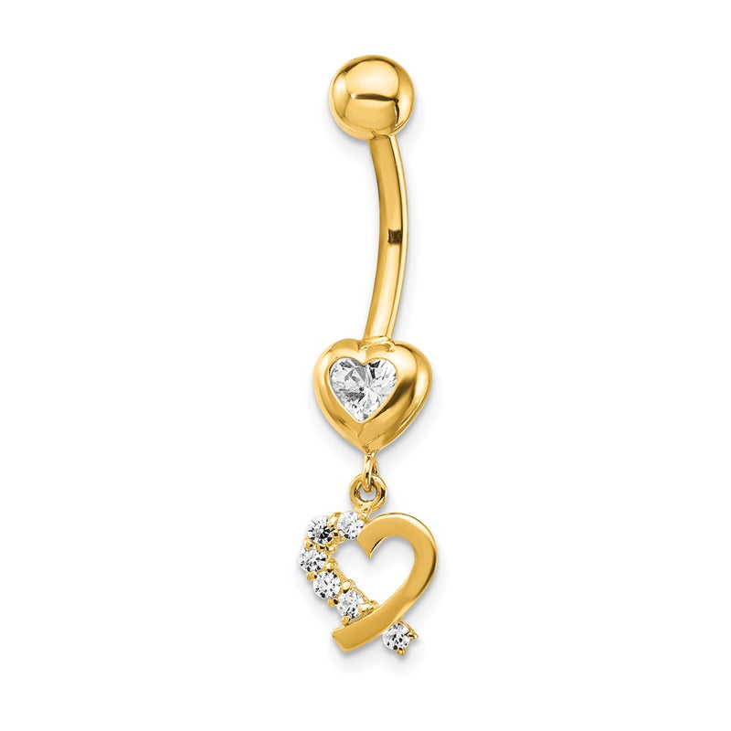 14K Yellow Gold CZ 2-Hearts Dangle Belly Ring