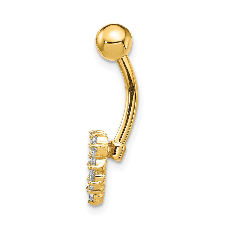 14K Yellow Gold 14 Gauge Cz Heart Belly Ring