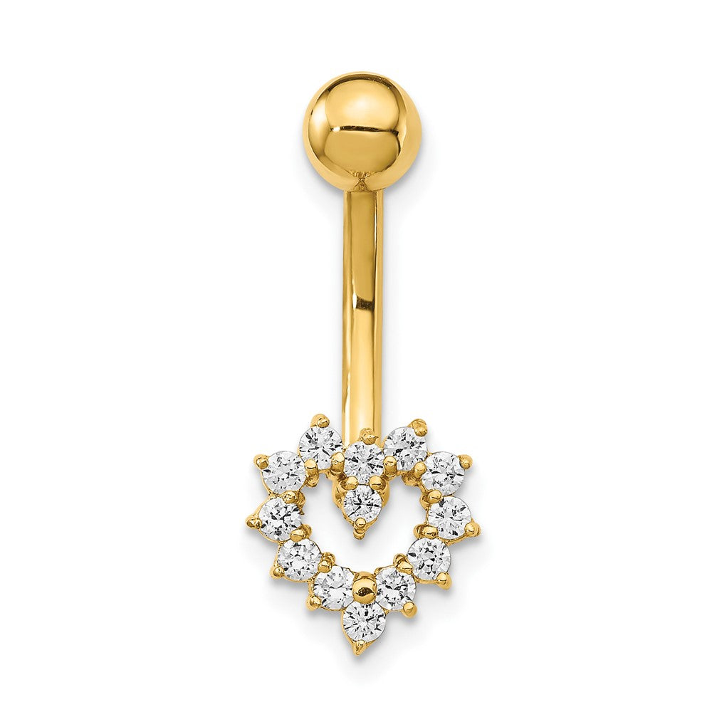 14K Yellow Gold 14 Gauge Cz Heart Belly Ring