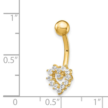 14K Yellow Gold 14 Gauge Cz Heart Belly Ring