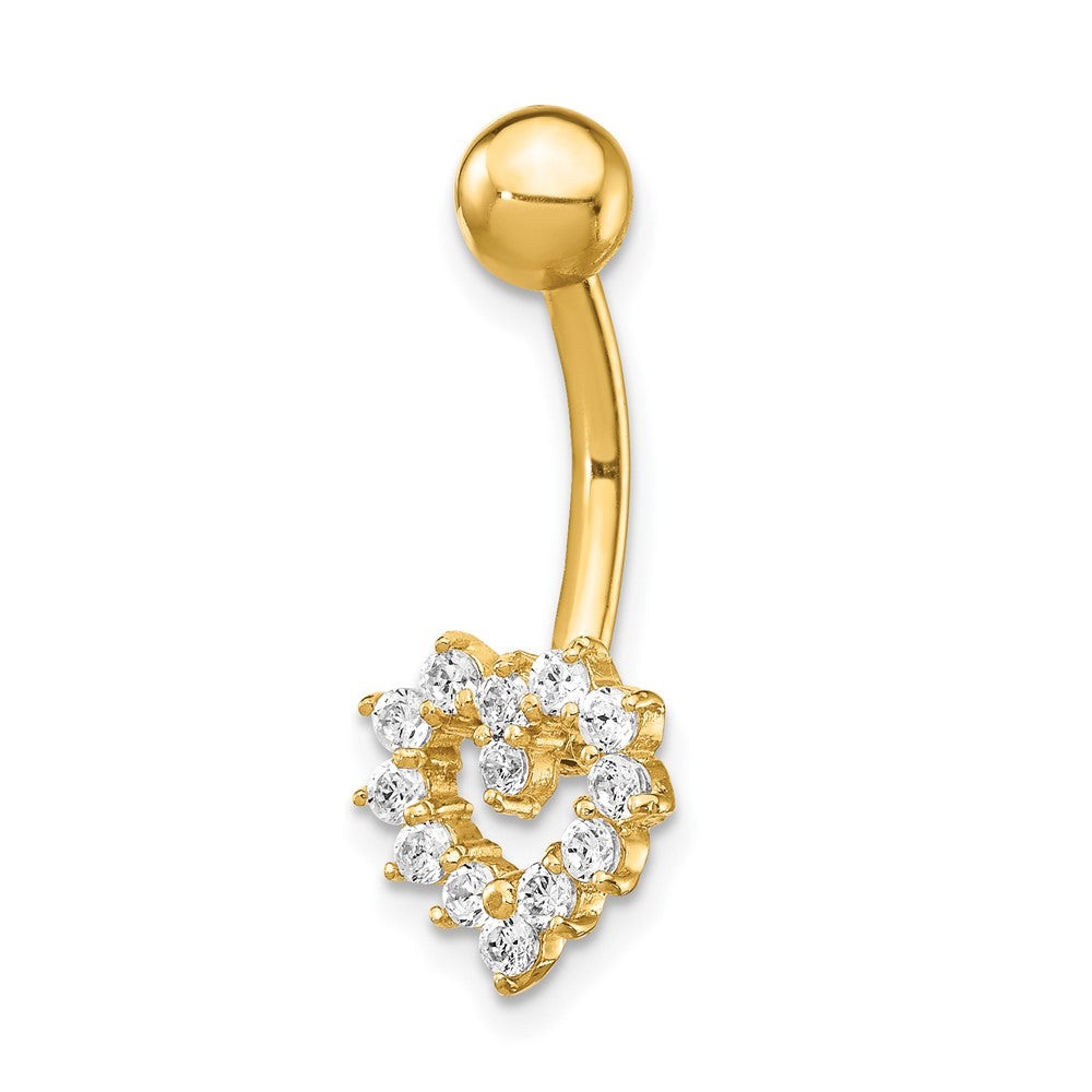 14K Yellow Gold 14 Gauge Cz Heart Belly Ring