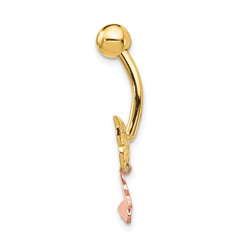 14K Two-Tone 14 Gauge Double Cz Butterfly Dangle Belly Ring