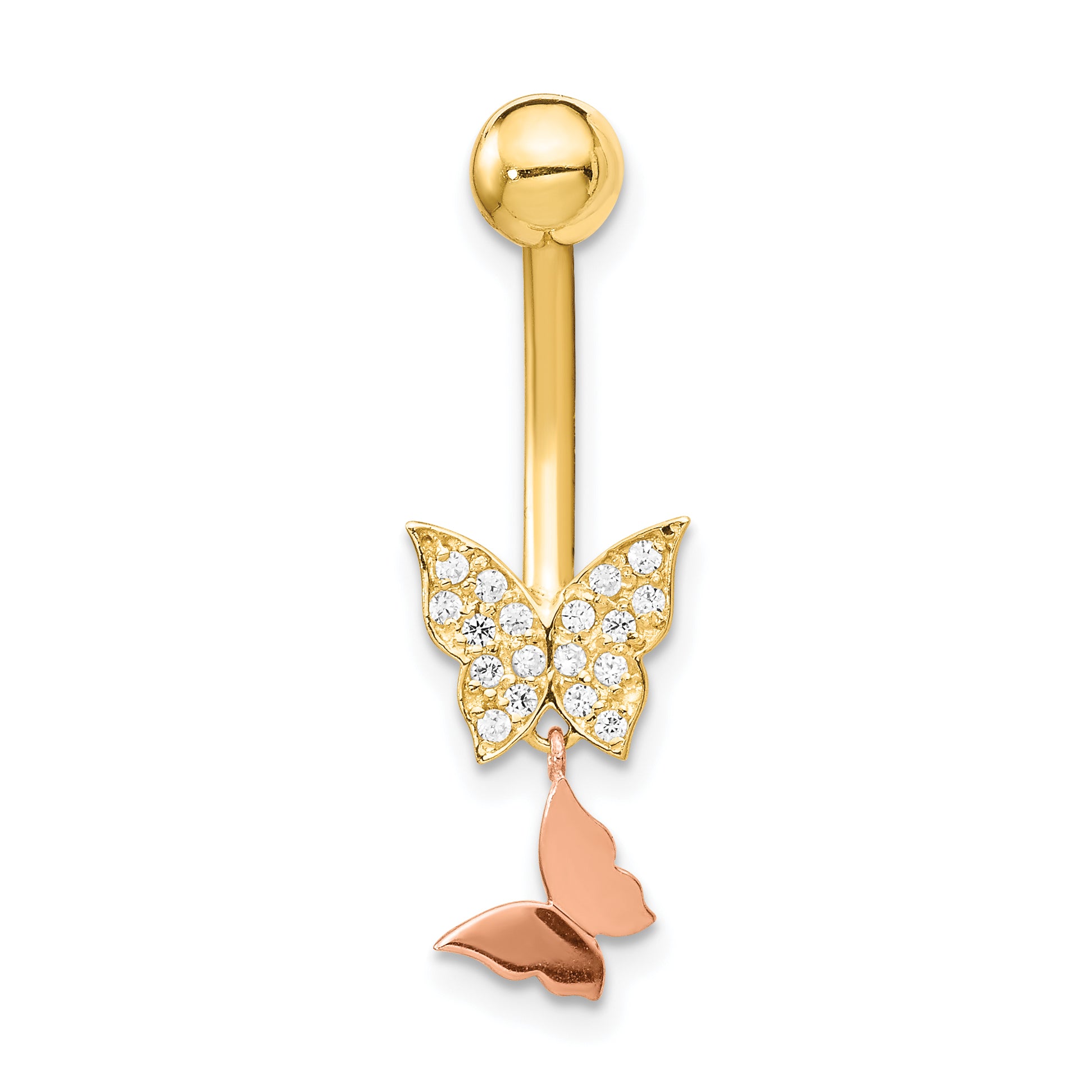 14K Two-Tone 14 Gauge Double Cz Butterfly Dangle Belly Ring
