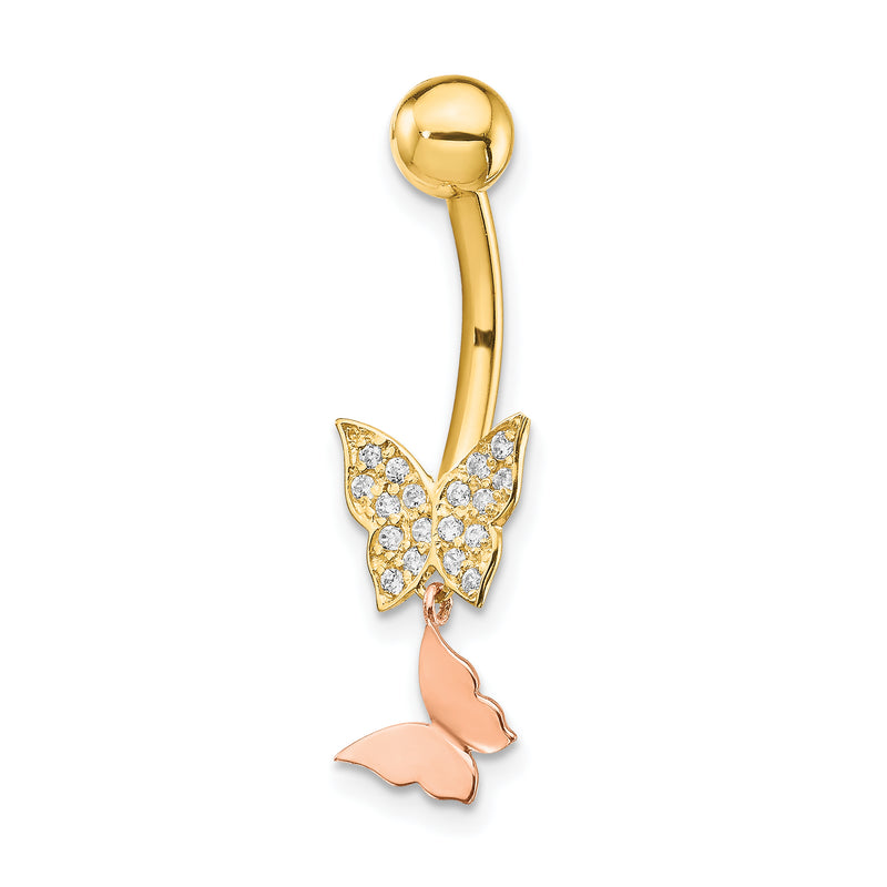 14K Two-Tone 14 Gauge Double Cz Butterfly Dangle Belly Ring