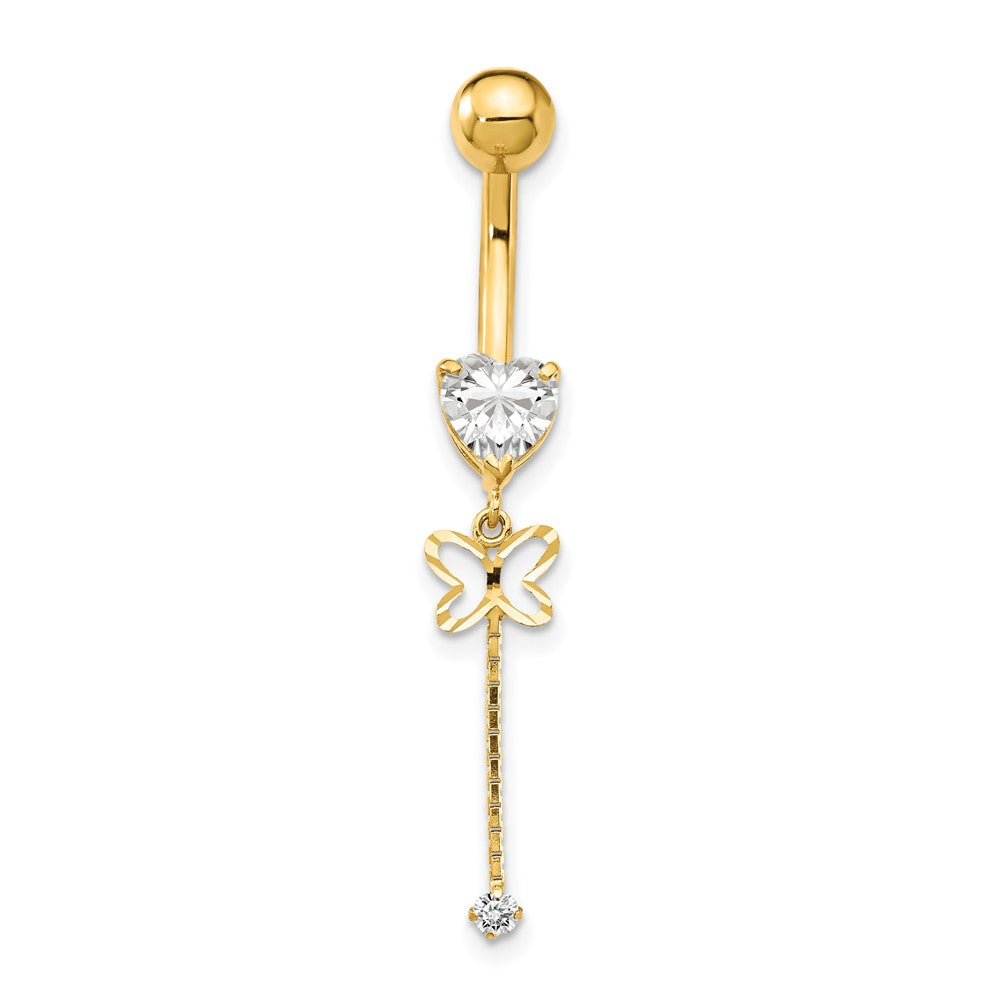 14K Yellow Gold Cz Butterfly Chain Dangle Belly Ring