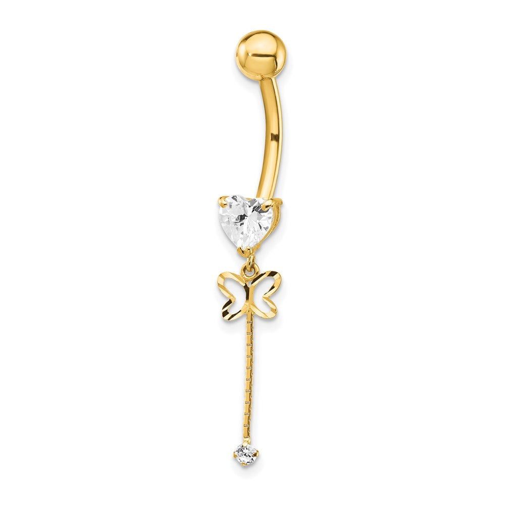 14K Yellow Gold Cz Butterfly Chain Dangle Belly Ring