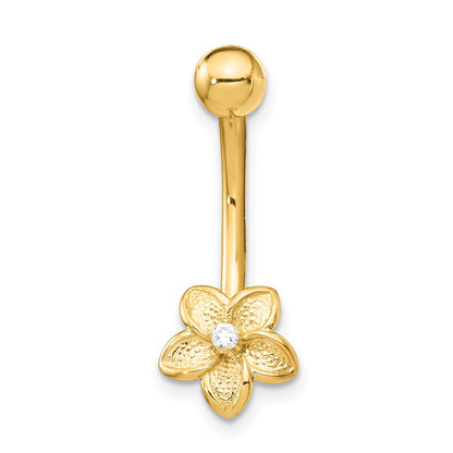 14K Yellow Gold 14 Gauge Cz Flower Belly Ring