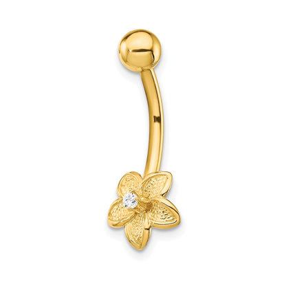14K Yellow Gold 14 Gauge Cz Flower Belly Ring