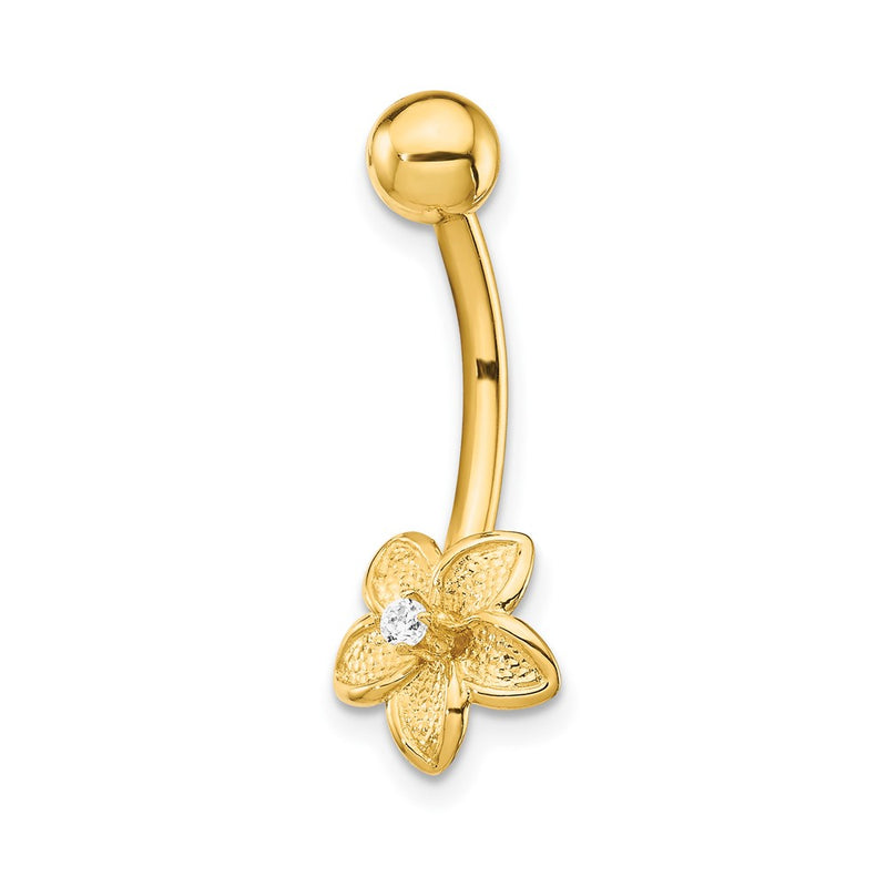 14K Yellow Gold 14 Gauge Cz Flower Belly Ring