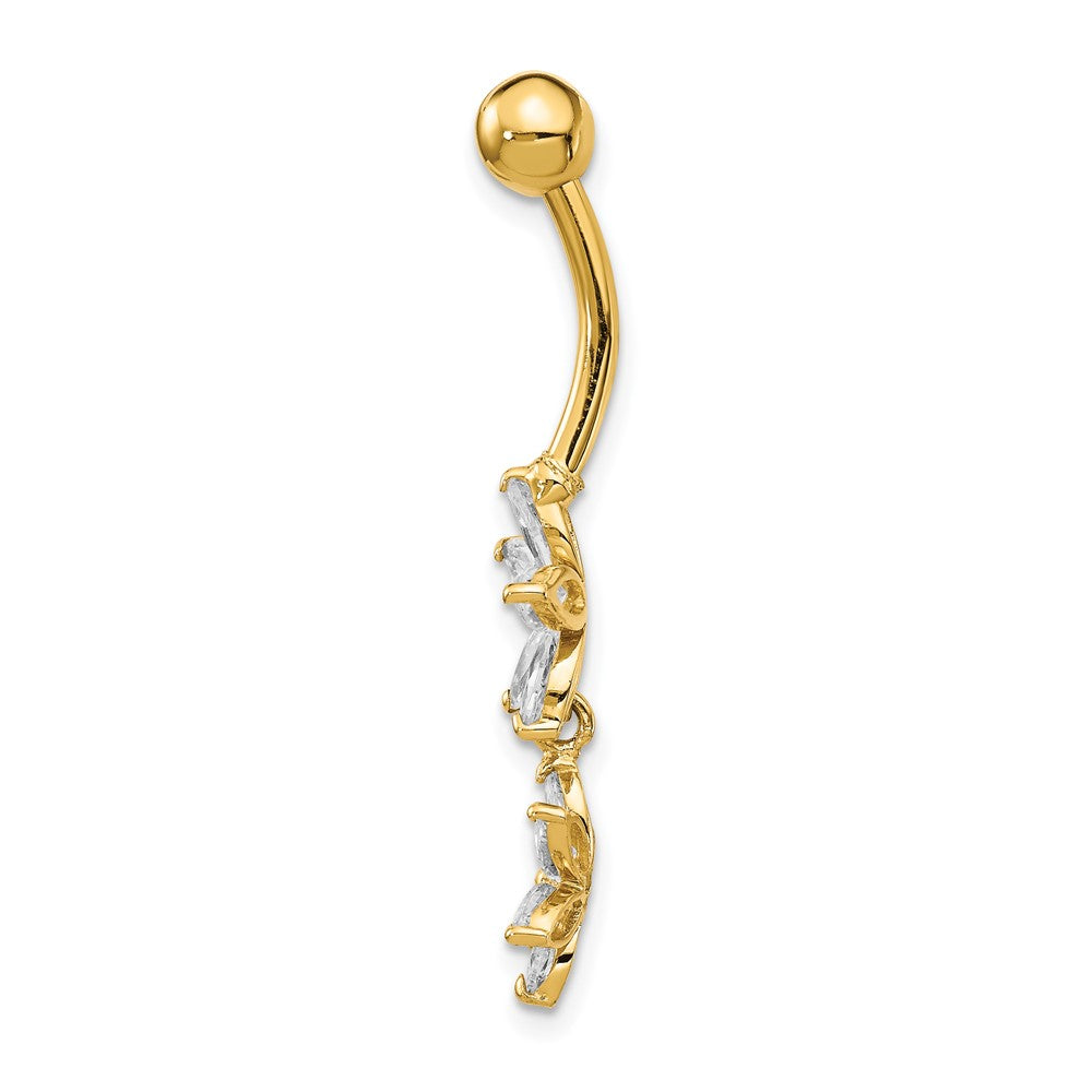 14K Yellow Gold CZ 2-Flower Dangle Belly Ring