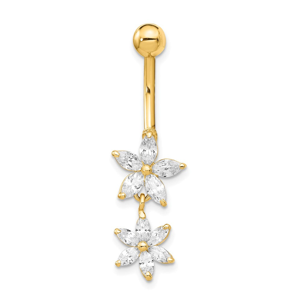 14K Yellow Gold CZ 2-Flower Dangle Belly Ring