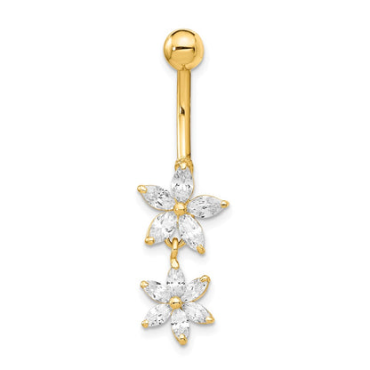 14K Yellow Gold CZ 2-Flower Dangle Belly Ring