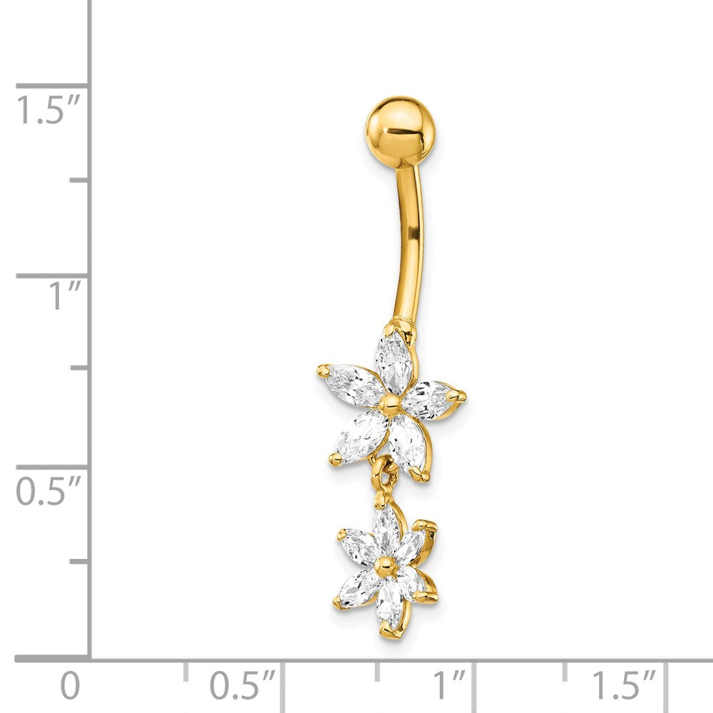 14K Yellow Gold CZ 2-Flower Dangle Belly Ring