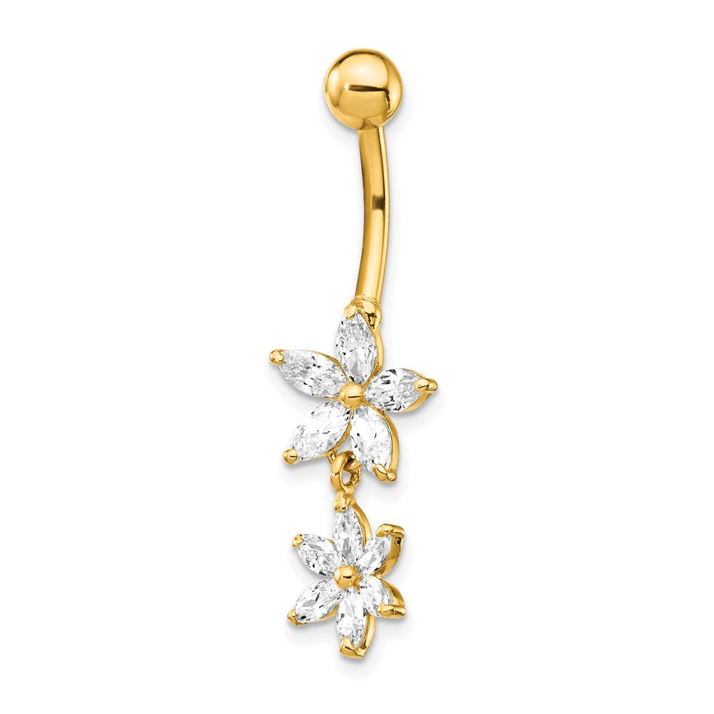 14K Yellow Gold CZ 2-Flower Dangle Belly Ring