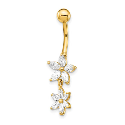 14K Yellow Gold CZ 2-Flower Dangle Belly Ring