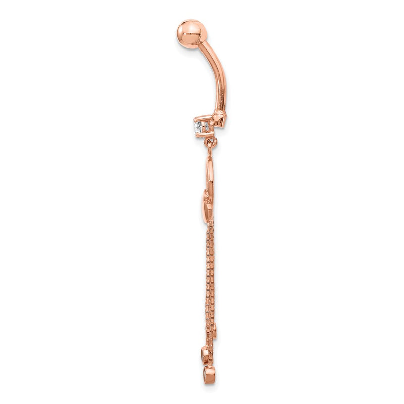 14K Rose Gold 14 Gauge Cz Heart 3-Chain Dangle Belly Ring