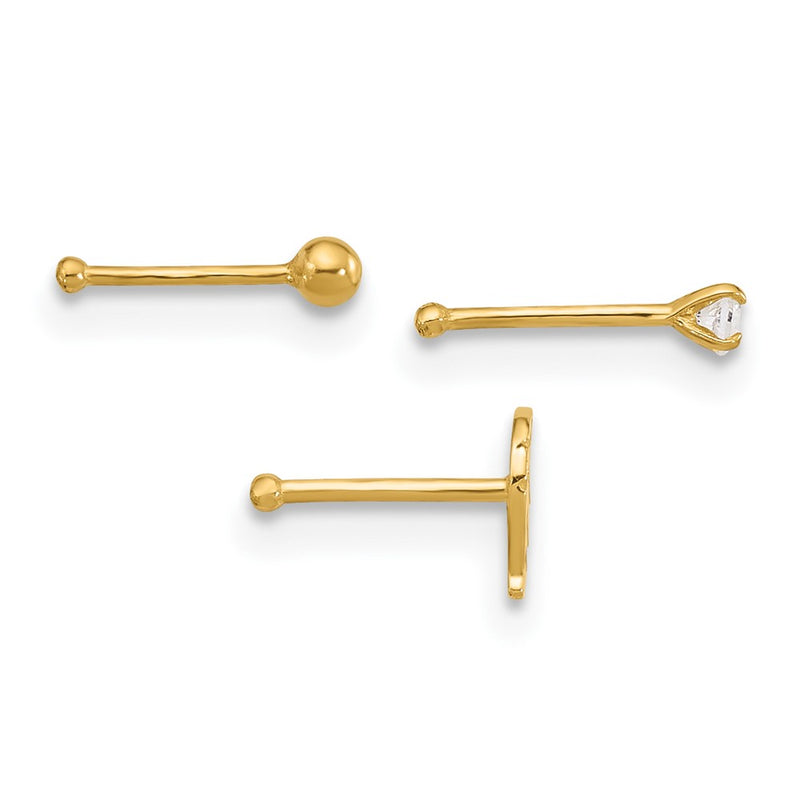 14K Yellow Gold 22 Gauge Leaf, Ball And Cz Post Nose Set
