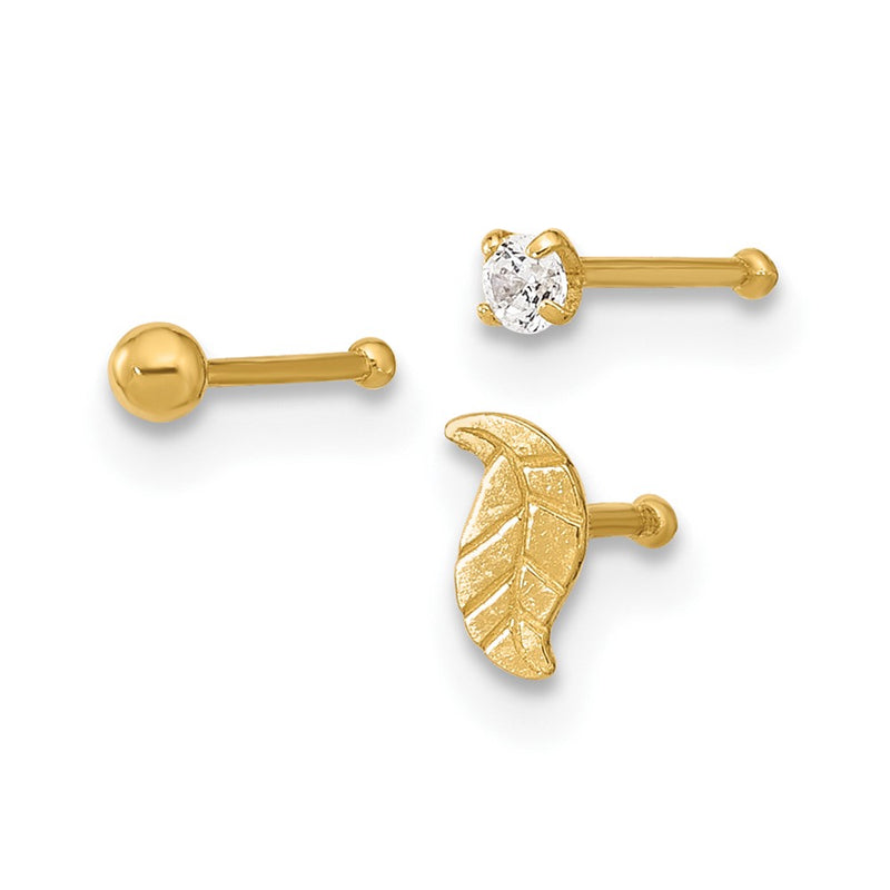14K Yellow Gold 22 Gauge Leaf, Ball And Cz Post Nose Set