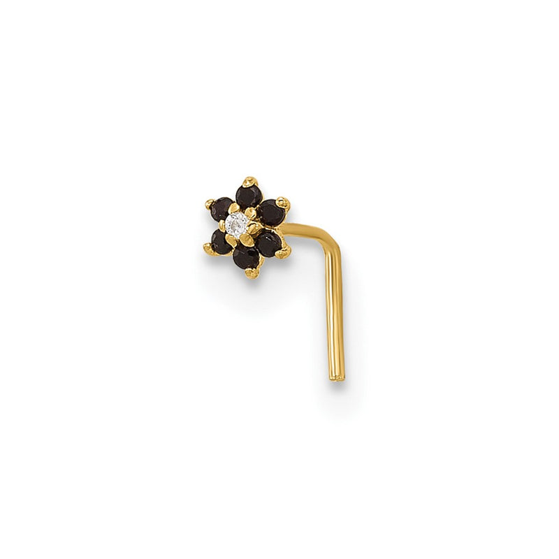 14K Yellow Gold 23 Gauge Black & White Cz Flower Nose Post