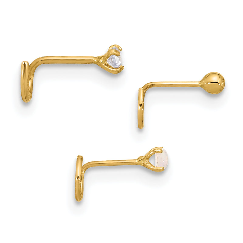 14K Yellow Gold 22 Gauge Cz, Synthetic Opal And Ball Nose Post Set