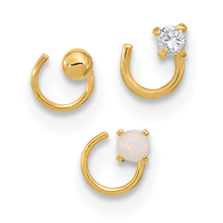 14K Yellow Gold 22 Gauge Cz, Synthetic Opal And Ball Nose Post Set