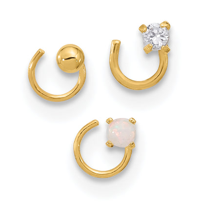 14K Yellow Gold 22 Gauge Cz, Synthetic Opal And Ball Nose Post Set