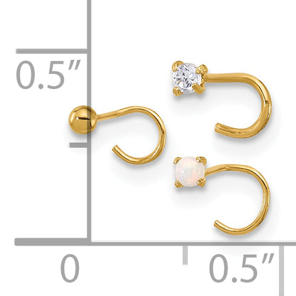 14K Yellow Gold 22 Gauge Cz, Synthetic Opal And Ball Nose Post Set