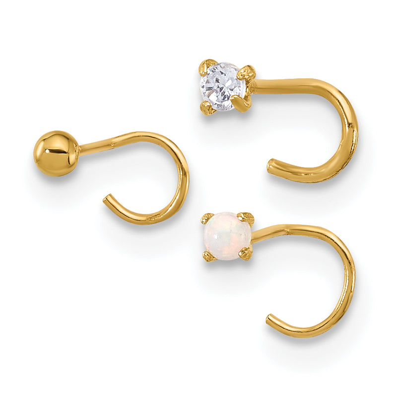 14K Yellow Gold 22 Gauge Cz, Synthetic Opal And Ball Nose Post Set