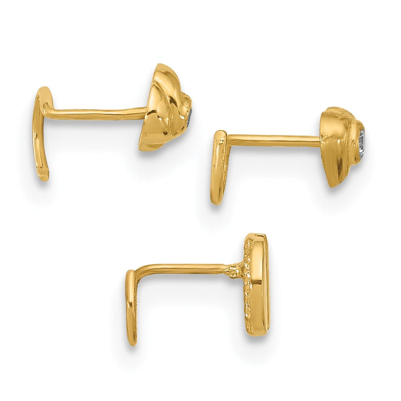 14K Yellow Gold 22 Gauge Cz Heart, Flower, And Circle Nose Post Set