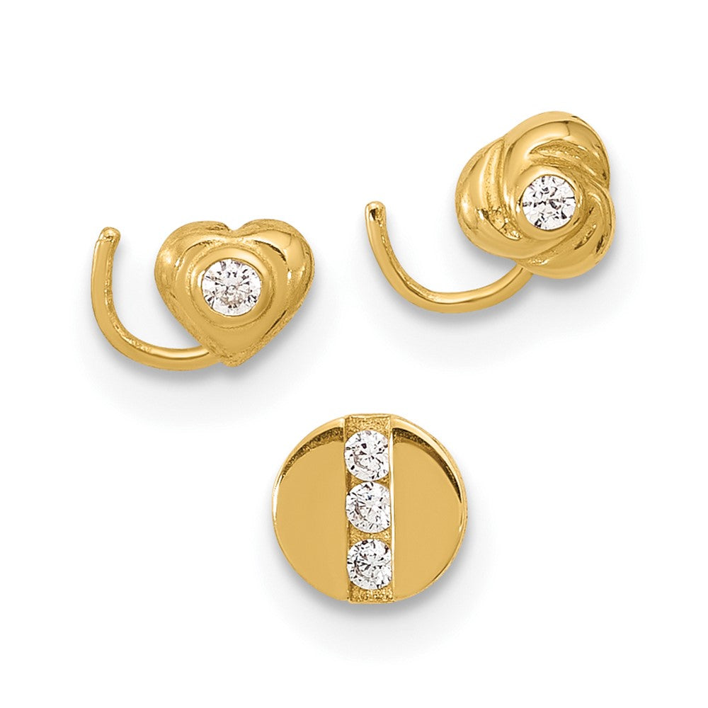 14K Yellow Gold 22 Gauge Cz Heart, Flower, And Circle Nose Post Set