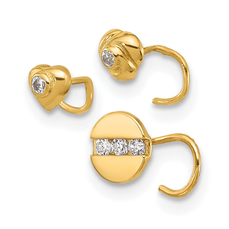 14K Yellow Gold 22 Gauge Cz Heart, Flower, And Circle Nose Post Set