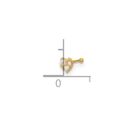 14K Yellow Gold 23 Gauge Cz Heart Nose Post