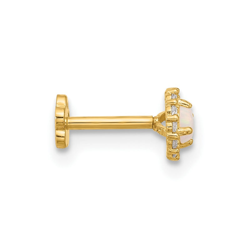 14K Yellow Gold 18 Gauge Cz & Synthetic Opal Screw-Back Cartilage Body Jewelry