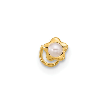 14K Yellow Gold 22 Gauge Flower Freshwater Cultured Pearl Nose Ring Body Jewelry