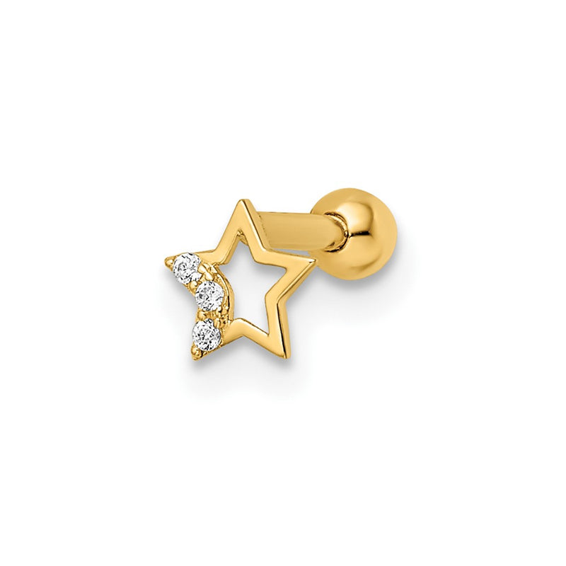 14K Yellow Gold 16 Gauge Cz Star Labret Stud