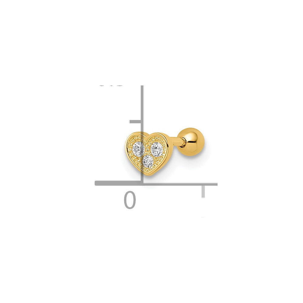 14K Yellow Gold 18 Gauge Cz Heart Labret Stud