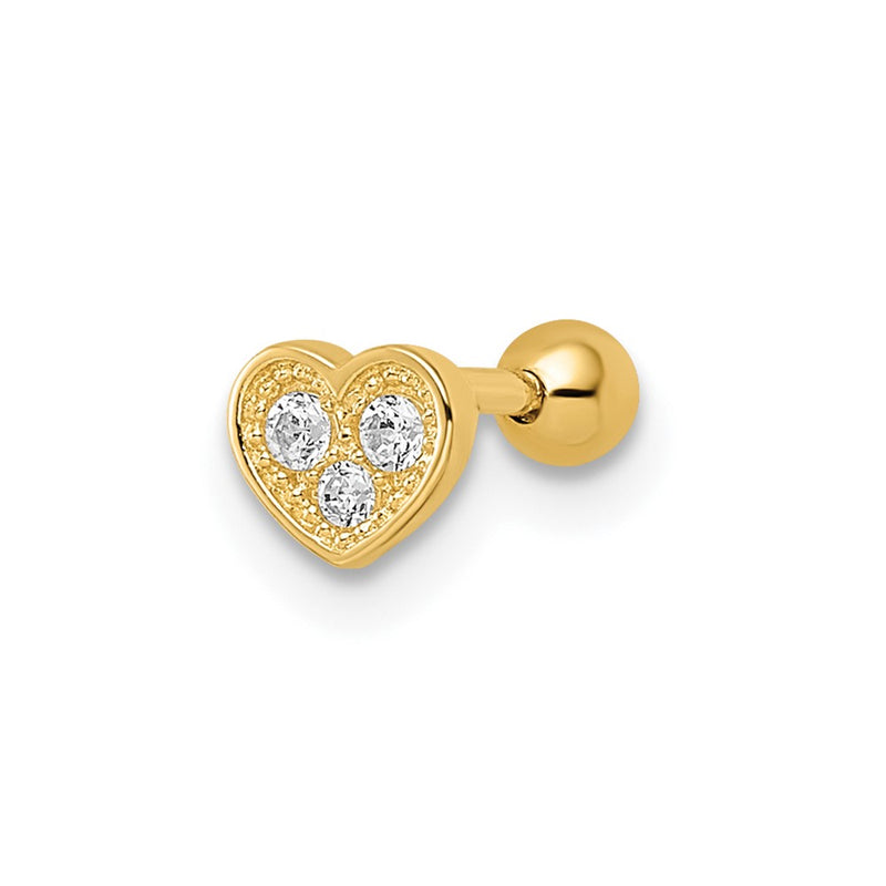 14K Yellow Gold 18 Gauge Cz Heart Labret Stud