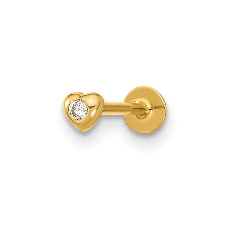 14K Yellow Gold 18 Gauge Cz Heart Labret/Face Body Jewelry